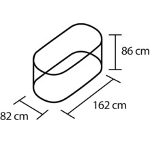 Schematische Darstellung eines Badewannenaufsatzes mit den Maßen 162 cm Länge, 82 cm Breite und 86 cm Höhe.