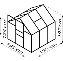 Skizze eines Gewächshauses mit Maßangaben: 124 cm Höhe vorne, 197 cm Höhe hinten und 195 cm Breite.
