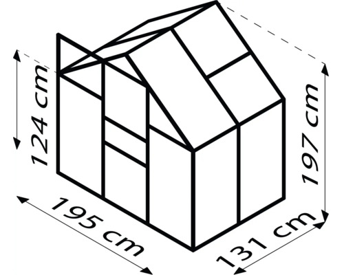 Dimensions de la serre : 195 cm de largeur, 131 cm de profondeur et 197 cm de hauteur