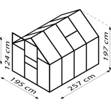Skizze eines Gewächshauses mit Maßangaben: Höhe 197 cm, Breite 257 cm, Seitenhöhe 124 cm, Tiefe 195 cm.