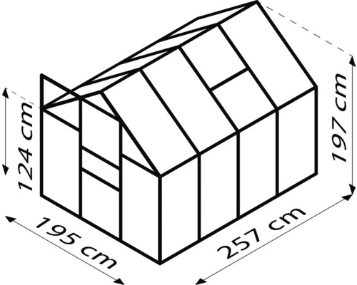 Image d''une serre mesurant 124 cm de haut, 195 cm de large et 257 cm de long.