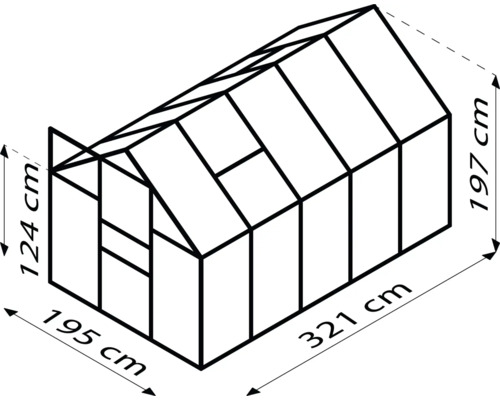 Dessin d''une serre avec des dimensions de 124 cm de hauteur, 195 cm de largeur, 197 cm de hauteur et 321 cm de longueur.