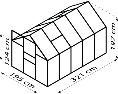Image d''une serre avec les dimensions suivantes : 124 cm de hauteur, 195 cm de largeur et 321 cm de longueur.