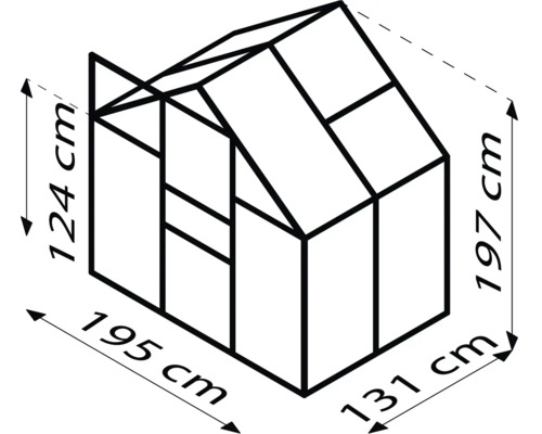 Abbildung der Abmessungen eines Gewächshauses: 124 cm Höhe an der Seite, 197 cm Gesamthöhe, 195 cm Breite und 131 cm Tiefe.