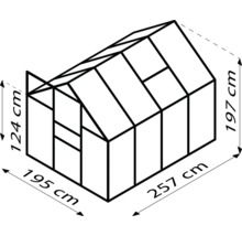 Abmessungen Gewächshaus: 195 mal 257 mal 197/124 Zentimeter