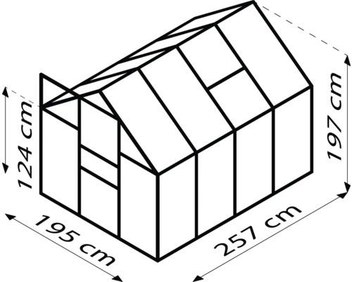 Dimensions de la serre : 124 cm de hauteur à l''avant, 197 cm de hauteur à l''arrière, 195 cm de largeur et 257 cm de longueur.
