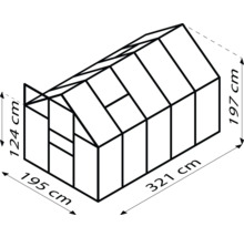 Abmessungen eines Gewächshauses: 195 cm breit, 321 cm tief und 197 cm hoch