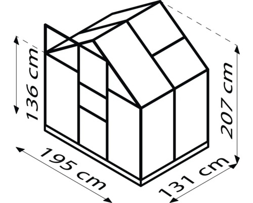 Schéma technique d''une serre avec les dimensions suivantes : hauteur avant de 136 cm, hauteur arrière de 207 cm, largeur de 195 cm et profondeur de 131 cm