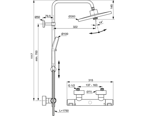 Technische Zeichnung einer Duscharmatur mit Maßangaben