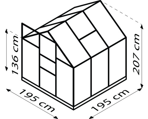 Illustration d''une serre avec dimensions : hauteur 207 cm, longueur latérale 195 cm, hauteur avant 136 cm.