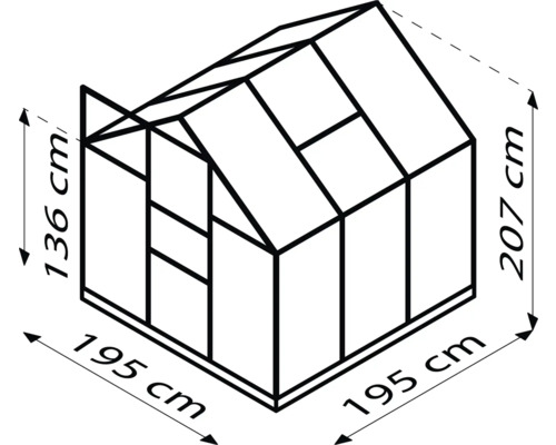 Dimensions d''une serre: 195 cm de large, 136 cm de haut à l''avant et 207 cm de haut à l''arrière.