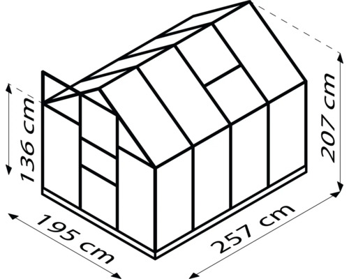 Schéma d''une serre avec des dimensions : surface au sol de 195 cm x 257 cm et hauteur de 207 cm