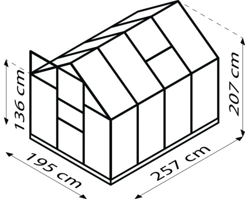 Zeichnung eines Gewächshauses mit den Maßen 257 mal 195 mal 207 Zentimeter
