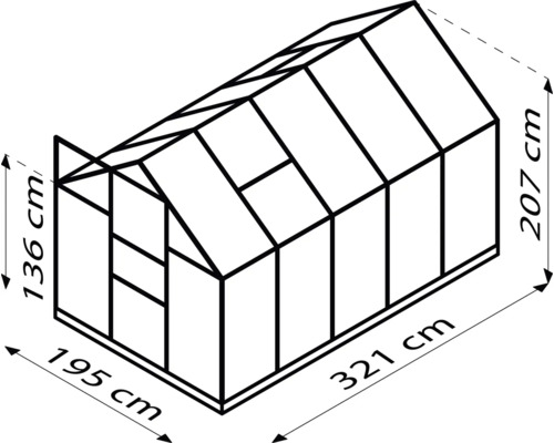 Dessin technique d''une serre avec des indications de dimensions.