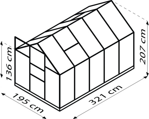 Image d''une serre mesurant 195 cm de large, 321 cm de long et 207 cm de haut.