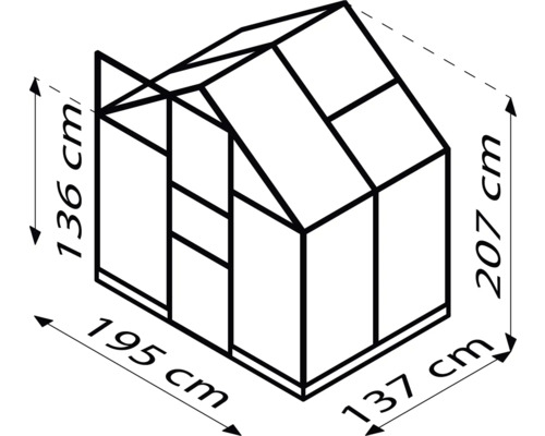 Schéma technique d''une serre indiquant les dimensions suivantes : hauteur des parois latérales de 136 cm, hauteur totale de 207 cm, largeur de 195 cm et profondeur de 137 cm