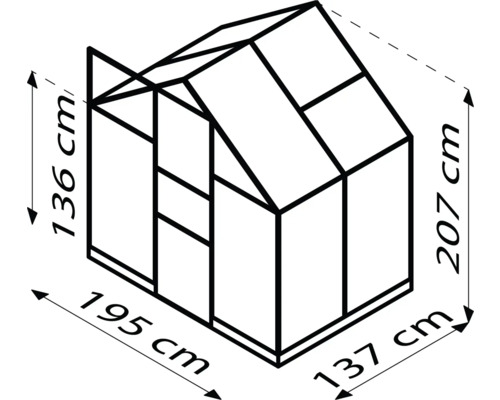 Skizze eines Gewächshauses mit Maßangaben: 136 cm Höhe an der Seite, 207 cm Gesamthöhe, 195 cm Breite, 137 cm Tiefe