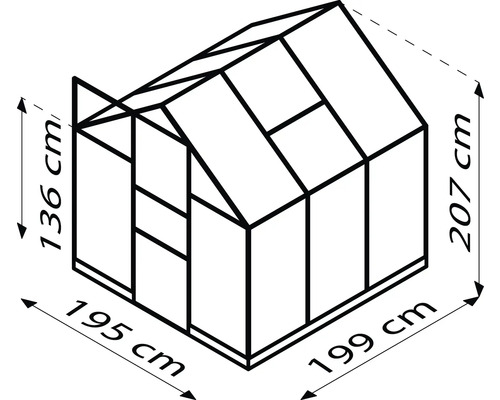 Dessin technique d''une serre avec indications de dimensions.