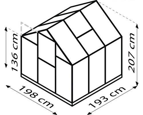 Abbildung eines Gewächshauses mit den Maßen 136 cm Höhe, 198 cm Breite und 193 cm Tiefe