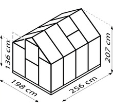 Abmessungen eines Gewächshauses: 136 cm Höhe Vorderseite, 207 cm Höhe Rückseite, 198 cm Breite und 256 cm Länge