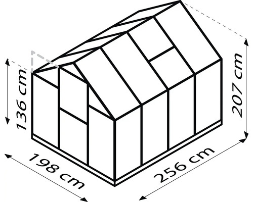 Image d''une serre avec des dimensions de 136 cm de hauteur sur le côté, 207 cm de hauteur au centre, 198 cm de largeur et 256 cm de longueur