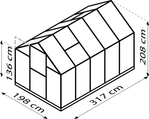 Dessin technique d''une serre indiquant les dimensions suivantes : 136 cm de hauteur à l''avant, 208 cm de hauteur à l''arrière, 198 cm de largeur et 317 cm de longueur.