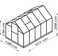 Image d''une serre avec des dimensions de 136 cm de hauteur à l''avant, 208 cm de hauteur à l''arrière, 198 cm de largeur et 317 cm de longueur.