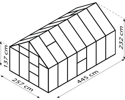 Schéma technique d''une serre de dimensions 257 cm x 445 cm x 232 cm