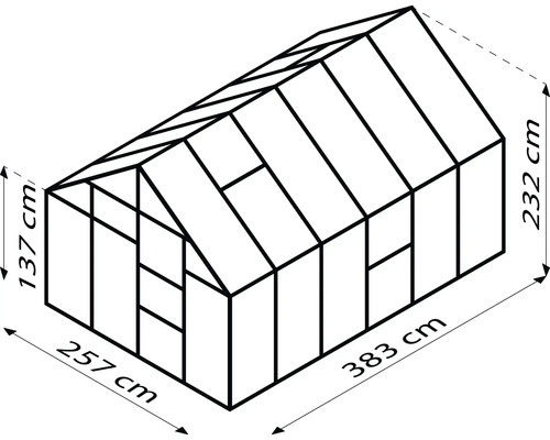 Image d''une serre avec dimensions : 137 cm de hauteur, 257 cm de largeur et 383 cm de longueur.