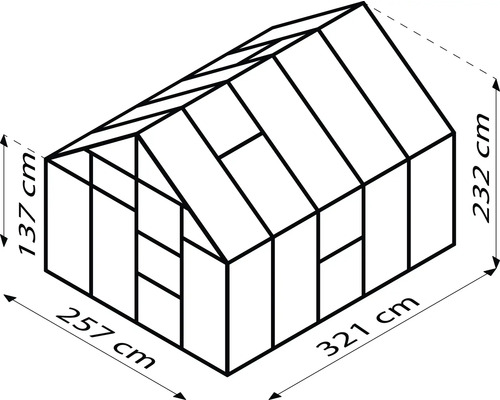 Image d''une serre mesurant 137 cm de hauteur, 257 cm de largeur et 232 cm de hauteur et 321 cm de longueur.