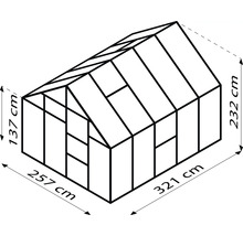 Abbildung eines Gewächshauses mit Abmessungen von 257 cm Breite, 321 cm Länge und 232 cm Höhe