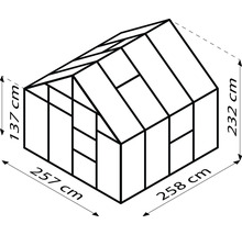Abbildung eines Gewächshauses mit den Maßen 257 cm x 258 cm und einer Höhe von 137 cm bis 232 cm.