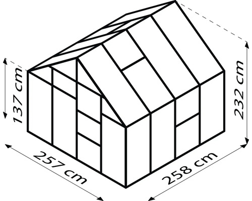 Schema eines Gewächshauses mit den Maßen 257 cm, 258 cm, 137 cm und 232 cm.