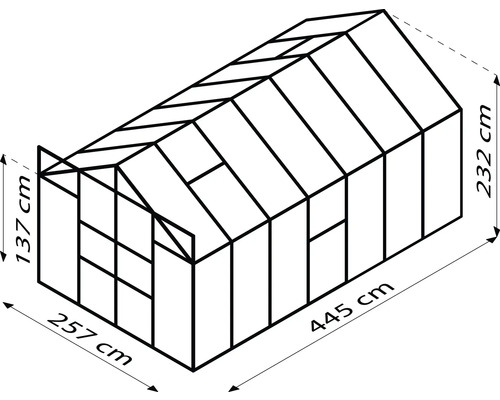 Abmessungen eines Gewächshauses: 257 cm breit, 445 cm lang und 232 cm hoch.