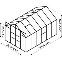 Schéma de la serre avec des dimensions de 383, 257 et 232 par 137 centimètres.