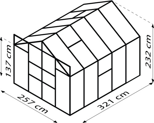 Schéma d''une serre avec dimensions : hauteur 232 cm, hauteur latérale 137 cm, largeur 257 cm, longueur 321 cm.