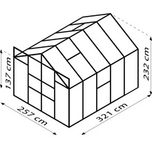 Abmessungen eines Gewächshauses: 257 cm breit, 321 cm tief und 232 cm hoch.