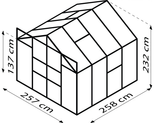 Schéma d''une serre avec des dimensions de 257 cm de large, 258 cm de long et 232 cm de haut