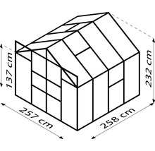 Dimensions de la serre : 257 cm de large, 258 cm de profondeur et 232 cm de haut.