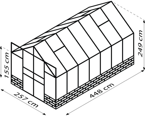 Illustration d''une serre avec dimensions : 257 cm de large, 448 cm de long et 249 cm de haut.
