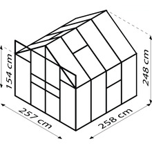Abmessungen Gewächshaus: 257 cm Länge, 258 cm Breite, 248 cm Höhe, Seitenhöhe 154 cm
