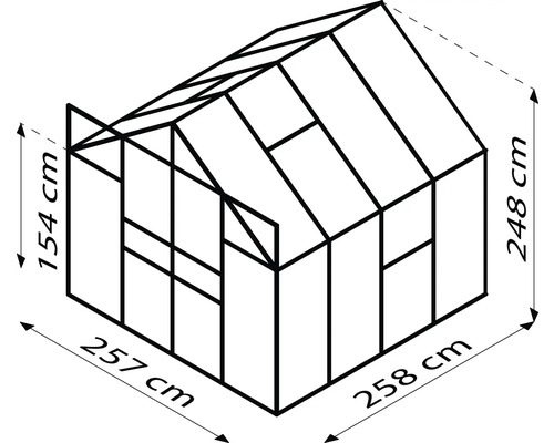 Schéma d''une serre avec les dimensions : 154 cm de hauteur à l''avant, 248 cm de hauteur totale, 257 cm de longueur et 258 cm de largeur.