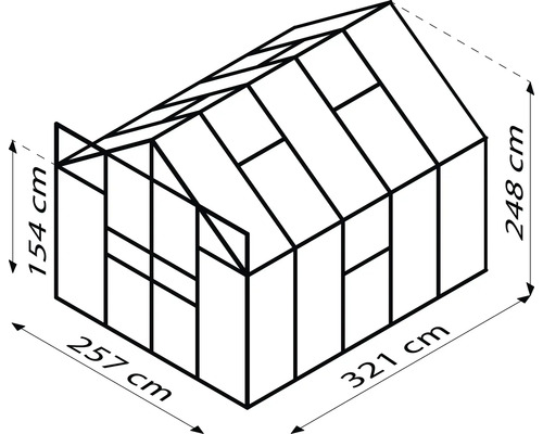 Technische Zeichnung vun engem Treibhause mat de Moossen 257 mol 321 mol 248 Zentimeter