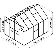 Abbildung eines Gewächshauses mit Abmessungen: 257 cm x 321 cm Grundfläche, 154 cm Seitenhöhe und 248 cm Gesamthöhe.