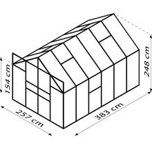 Schéma d''une serre de dimensions 257 cm de largeur, 383 cm de longueur et 248 cm de hauteur.