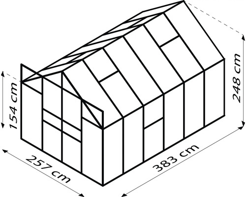 Zeichnung eines Gewächshauses mit den Maßen 257 cm Breite, 383 cm Länge und 248 cm Höhe.