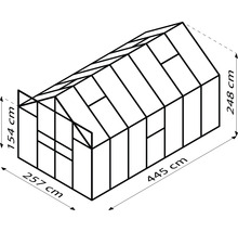 Skizze eines Gewächshauses mit den Maßen 257 cm Breite, 445 cm Länge und 248 cm Höhe