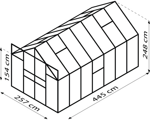 Schéma technique d''une serre mesurant 445 cm de long, 257 cm de large et 248 cm de haut