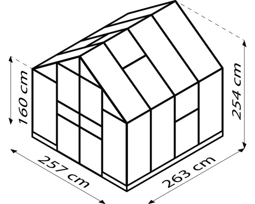 Schéma de serre avec les dimensions 257 cm, 263 cm, 160 cm et 254 cm