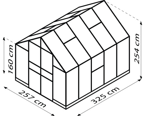Abbildung eines Gewächshauses mit den Maßen 160 cm Höhe, 254 cm Breite und 257 cm Länge